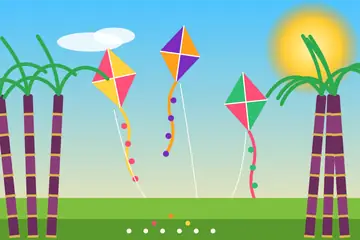 A Sankranti drawing: three kites over a green field, with sugarcane standing on either side