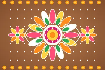 A muggulu drawing: a round flower of pink, yellow and orange petals in white lines over rows of dots