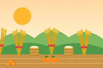 A drawing of four bound sheaves of golden rice, two bamboo mugs and oranges on a wooden floor