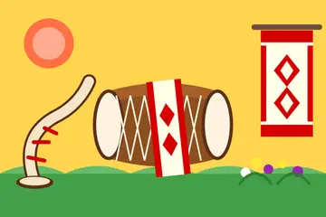 A Bihu drawing: a dhol with a red-bordered gamosa across it, a curved pepa horn and a gamosa hung on a pole