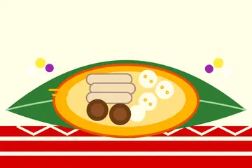 A Bihu drawing: a brass plate of pitha rolls, round laru and brown pitha on a banana leaf over a red and white gamosa