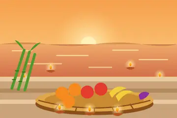 A Chhath drawing: a bamboo soop basket of fruit and lit diyas on a ghat step at dawn, with sugarcane beside it