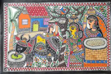 A Madhubani painting of village women with pots beside a cow, a house and a well