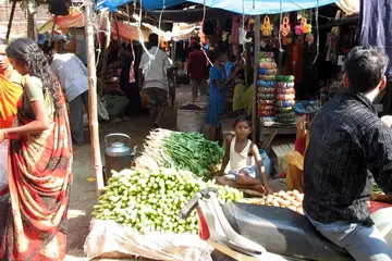 A woman in a red sari at a village bazaar beside heaps of white radish and green vegetables, with bangle stalls behind