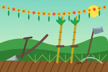 A Hareli drawing: a plough, a hoe, a sickle and two bamboo stilts in a green field under strings of marigolds