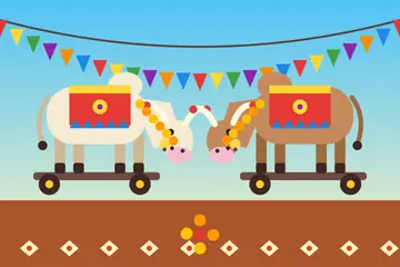 A Pola drawing: two toy bullocks on wheels with bright blankets, flower garlands and red-tipped horns
