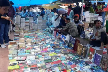 A long row of second-hand books on the ground with sellers sitting along it and browsers bending over it in Daryaganj