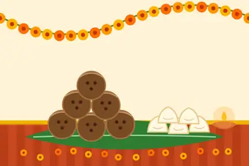 A Chaturthi drawing: a pile of coconuts and white sweets on a banana leaf under a marigold garland, with a small lamp