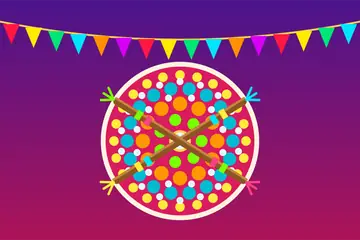 A Navratri drawing: a round pink cloth of coloured petals and small mirrors with two dandiya sticks crossed over it