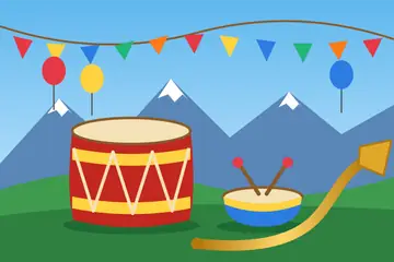 A fair drawing: a big dhol drum, a small nagara drum and a long brass horn under strings of flags
