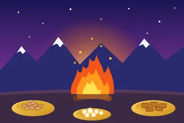A Lohri drawing: a bonfire below snow hills, with brass plates of peanuts, popcorn and sweet squares