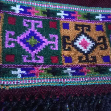 A woven border of green and gold panels with purple and white diamonds on dark woollen cloth from Kullu