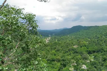 हुंडरू जलप्रपात के एक किनारे से पठार का हरा जंगल और नीची पहाड़ियाँ