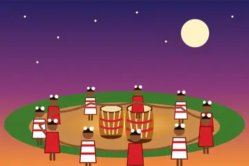 Laal aur safed kapde mein, baalon mein phool lagaye nachne walon ka chitra, baahein jode do dholon ke gird shaam ko ghera banaye