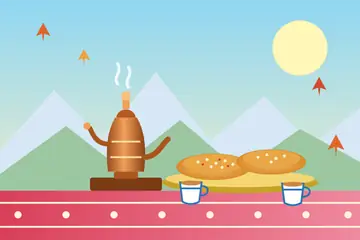 An Eid drawing: a copper samovar beside two golden sheermal breads and two tea cups on a red cloth