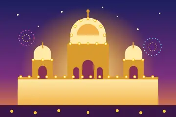 A Dasara night drawing: a palace with domes outlined in rows of yellow bulbs, with sparkler rings in the sky