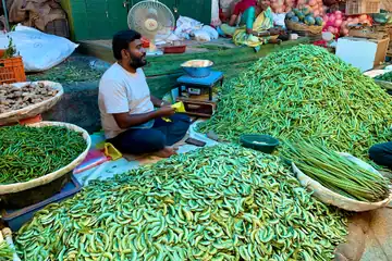 A seller sitting with a scale between big heaps of green beans and chillies at Devaraja Market, Mysuru
