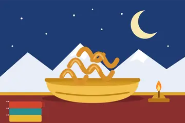 A Losar drawing: a golden bowl of khapse, folded woollens and a small oil lamp on a red cloth, snow mountains behind