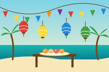 A drawing of red, yellow, blue and green paper lanterns and a string of bunting over a plate of sweets, with palms and a lagoon behind