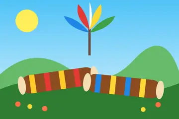 A drawing of two long Wangala drums with red, yellow and blue bands, lying on green grass beneath a bunch of feathers
