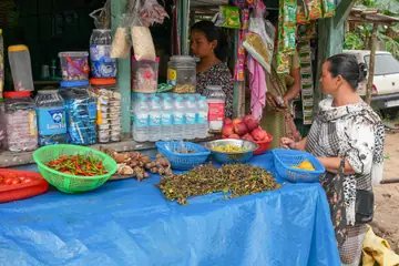 A village provision shop at Riangdo, with chillies and spices on a table under a blue sheet and jars and water bottles behind