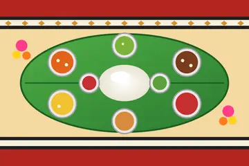 A Ningol Chakouba drawing: a feast on a green banana leaf, with rice and eight steel bowls of colourful dishes