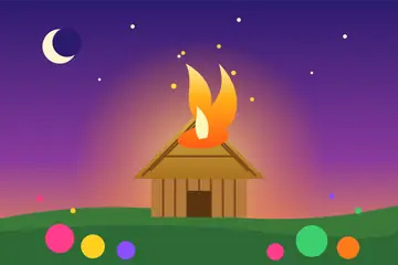 A Yaoshang drawing: a hut with a thatched roof and bright flames rising, under a night sky, with heaps of colour powder on the grass