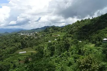 A hill village among dense green forest with terraced garden plots on the slope