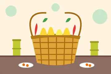 A drawing of a woven basket holding yellow ginger roots, red chillies and green leaves, with two bamboo mugs