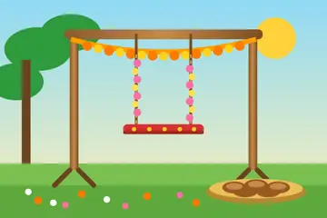 A Raja drawing: a rope swing with a red seat and marigold garlands, and a plate of pithas on the grass