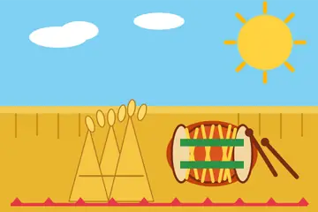 A Baisakhi drawing: golden wheat sheaves and a dhol drum in a harvest field