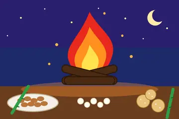 A Lohri drawing: a bonfire at night with a plate of peanuts, rewri and popcorn