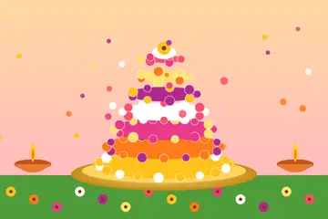 A Bathukamma drawing: a tall stack of flower tiers in yellow, orange, pink and white on a brass plate, with two lit lamps