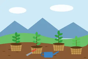 A Harela drawing: four saplings growing in woven baskets on a green hillside, with a trowel and a watering can