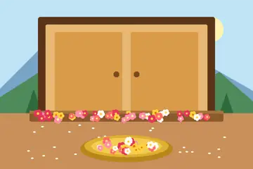 A Phool Dei drawing: a wooden doorstep strewn with red, pink and yellow flowers and rice, a brass plate of petals in front
