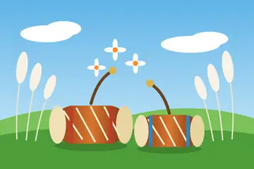 A Durga Puja drawing: two dhak drums with drumsticks, white kash plumes and white shiuli flowers under a blue sky