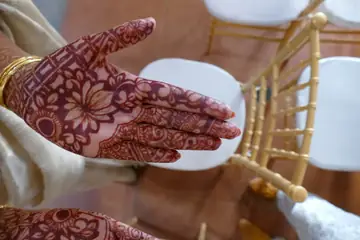 An open palm covered in a fine reddish-brown mehendi pattern