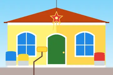 A Christmas drawing: a freshly painted yellow house, a paper star, paint tins and a roller