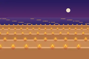 A Diwali drawing: a row of lit diyas on river steps at evening