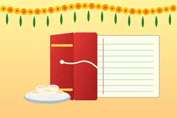 A New Year drawing: a red cloth-bound ledger tied with its cord, a marigold string above and a plate of sandesh