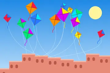 A Makar Sankranti drawing: bright kites flying over pink rooftops