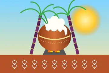 A Pongal drawing: a clay pot boiling over with rice, sugarcane on each side and kolam in front
