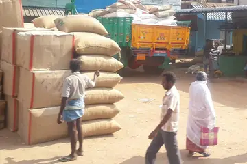 വെയിലുള്ള മൊത്തവിപണിയുടെ ഇടവഴിയിൽ അടുക്കിവെച്ച ചാക്കുകളും പെട്ടികളും, അരികിൽ ഒരു തൊഴിലാളി