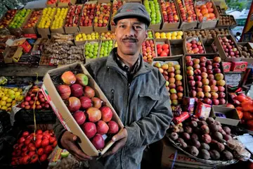 A smiling fruit seller holding a box of red apples in front of a stall stacked with boxes of apples and oranges