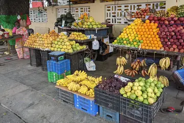 A roadside fruit stall with oranges, apples, bananas and grapes in crates under a yellow awning