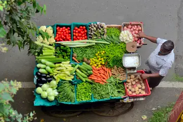 A vegetable cart seen from above, with trays of tomatoes, beans, carrots and potatoes and the seller at his scale